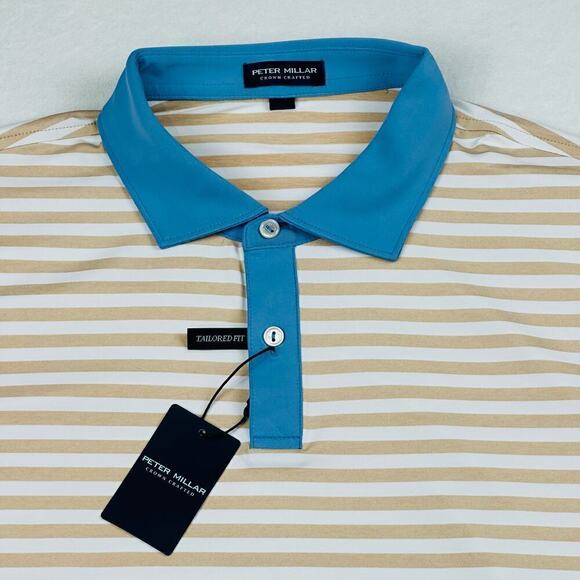Peter Millar Men’s XXL Bold Stripe Print Gold Blue Golf Polo Shirt Crown Crafted - Picture 5 of 10